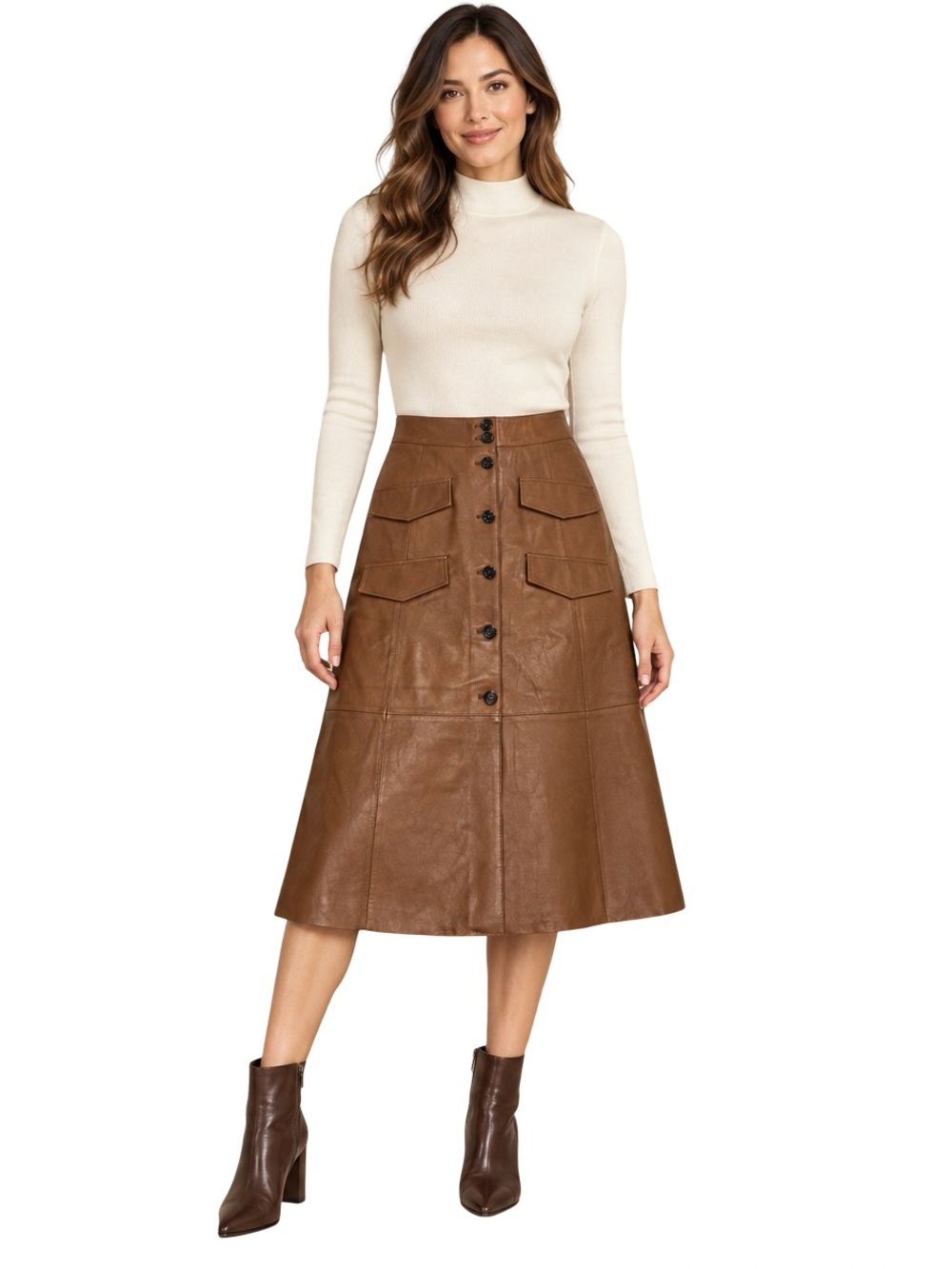 NWOT Antonio Melani Genuine Leather Button Front A-Line Midi Skirt Brown Small